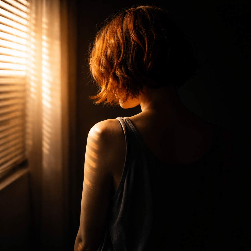 A woman with short, wavy reddish hair is seen from behind, facing sunlight streaming through window blinds, creating striped shadows on her shoulder.
