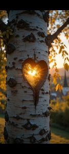 A heart-shaped cutout in a birch tree reveals sunlight shining through, surrounded by autumn leaves.