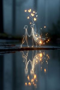 Two stick figures holding hands, surrounded by floating hearts and sparkling light effects, reflected in a wet surface, with a misty forest background.
